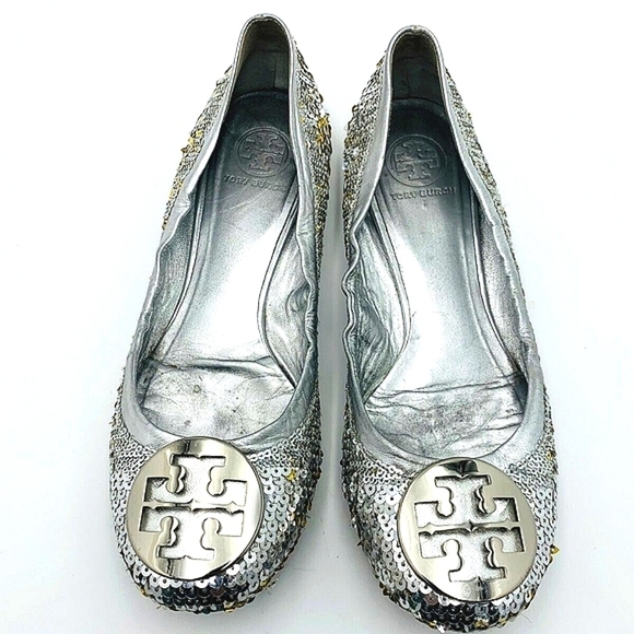 Tory Burch Reva Silver Sequins/Glitter Ballet Flats Shoes Size 8.5🌴 - Picture 1 of 11